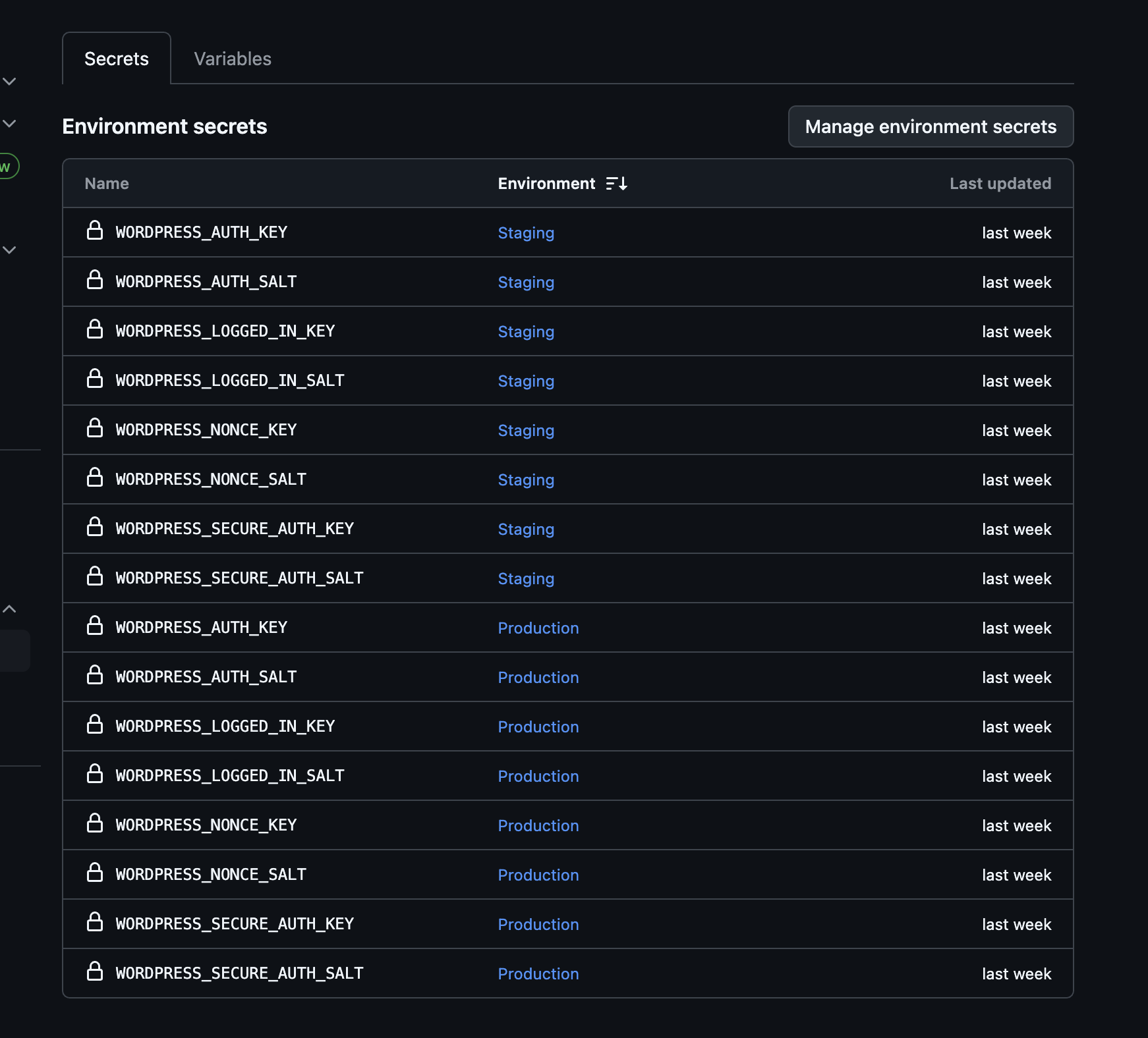 GitHub環境変数設定画面