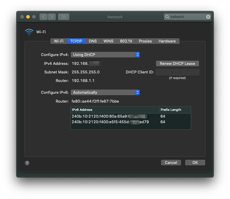 macOSのIPv6アドレス表示