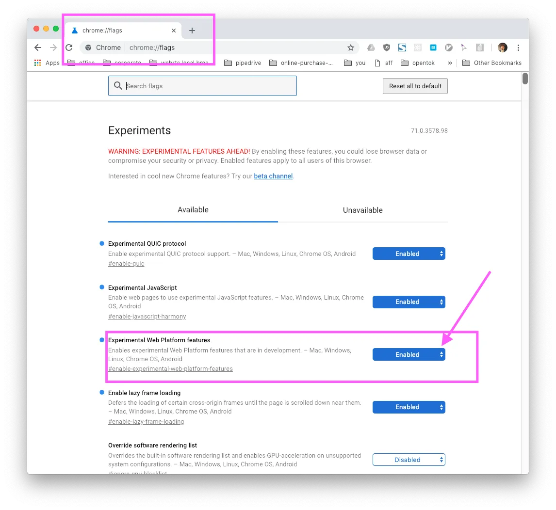 Chromeフラグ設定画面