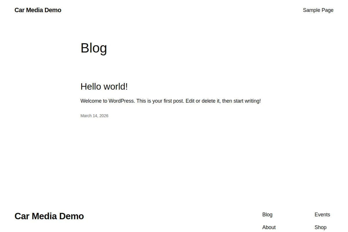 デフォルトテーマ(Twenty Twenty-Five)のWordPress。Hello world!の記事だけが表示されている