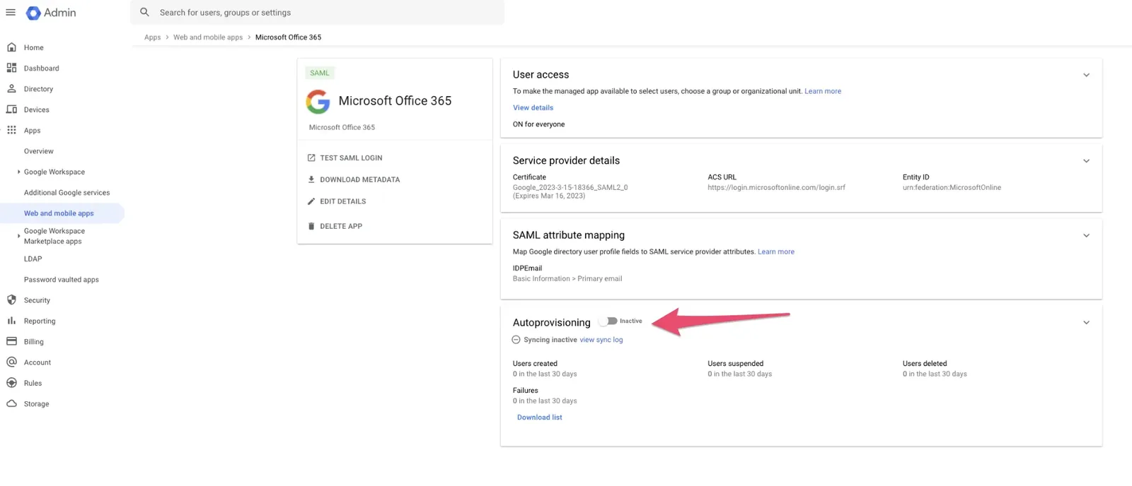 Autoprovisioning が inactive 状態の管理画面