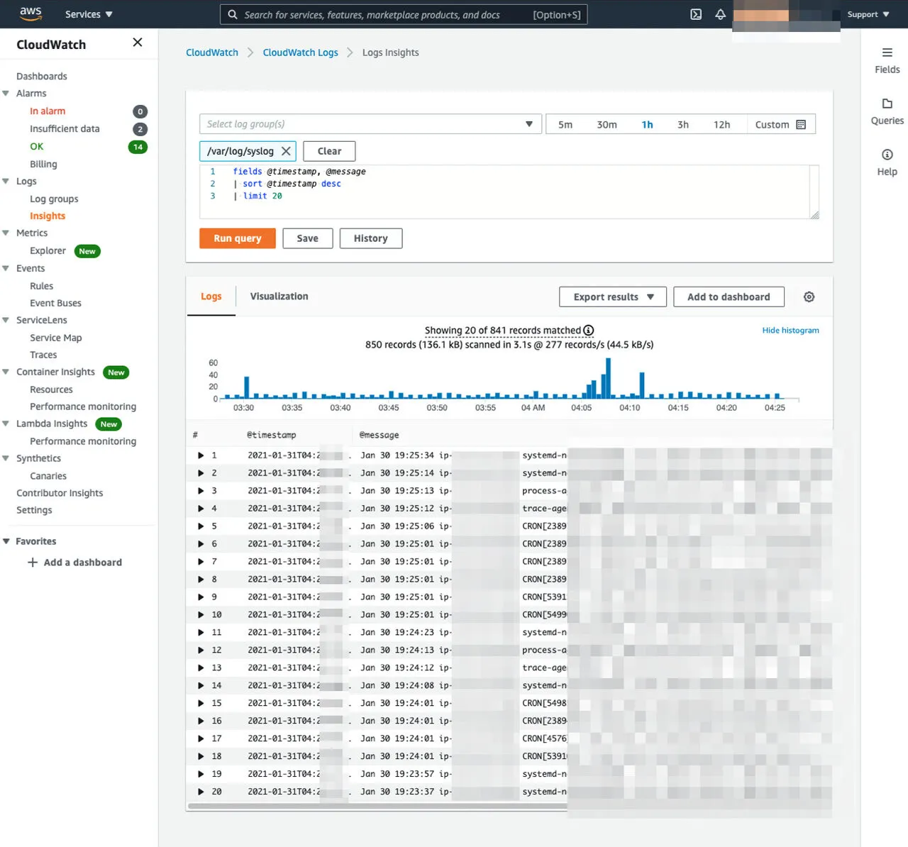 Logs Insightでのログ検索画面