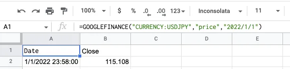 GOOGLEFINANCE関数の結果がテーブルで表示される