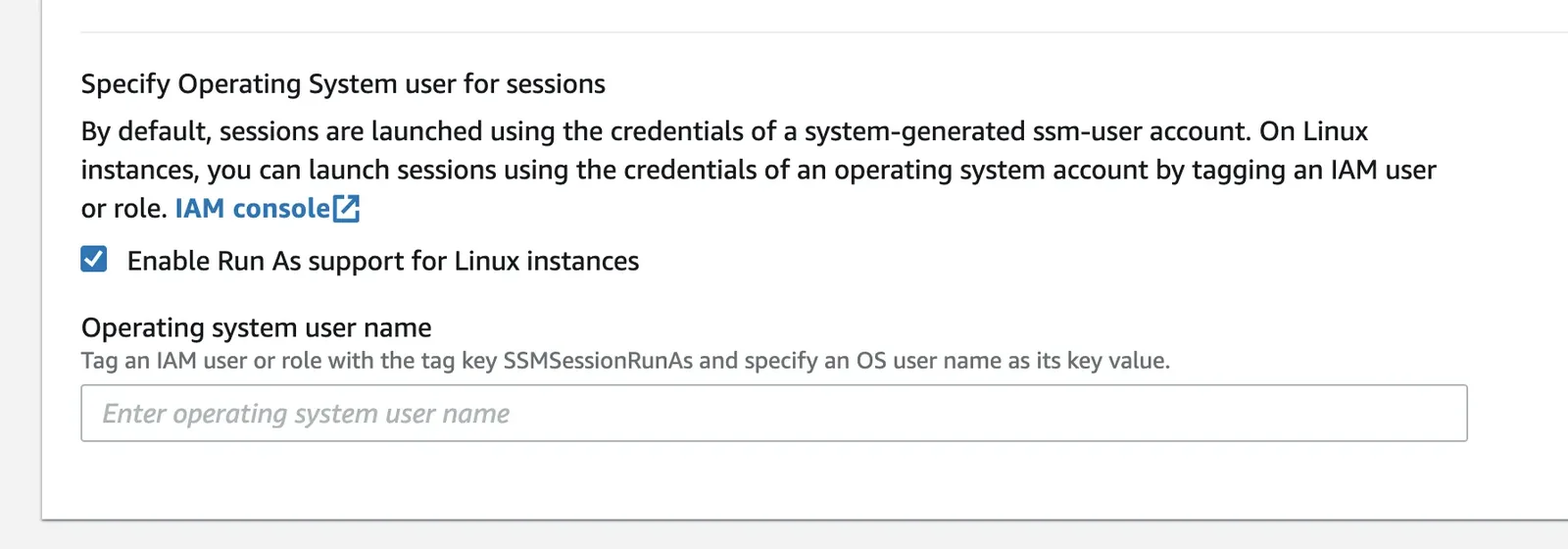 AWS Session Manager Run As設定画面